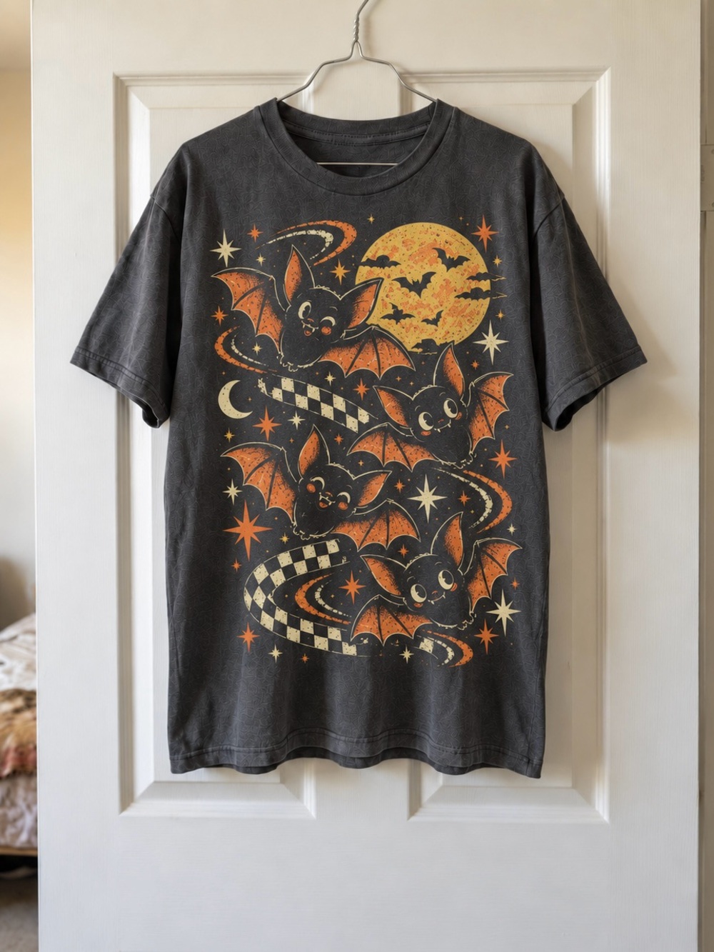 Flying Bats Checkerboard Moon Charcoal Spooky Aesthetic Gildan Reprint Tee